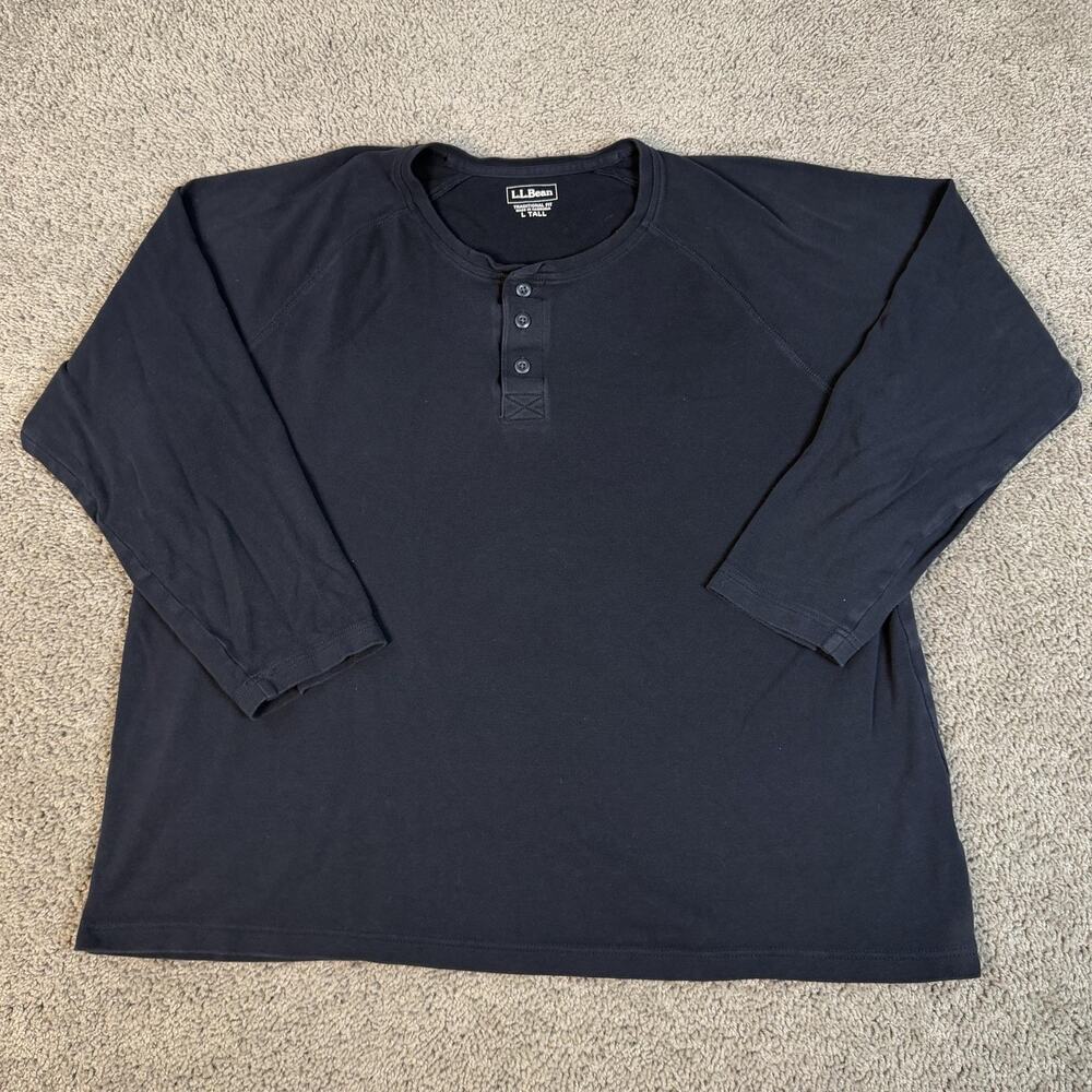 L.L. Bean Shirt Mens LT Blue Long Sleeve Henley Crew Neck Cotton Tagless